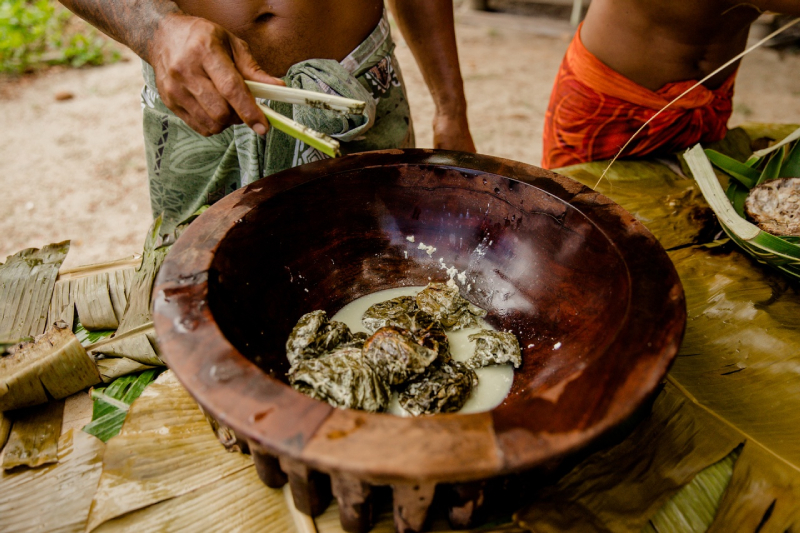 Palusami - traditional umu food ready to be served during cultural show at Coconuts Beach Club Resort, Upolu, Samoa
