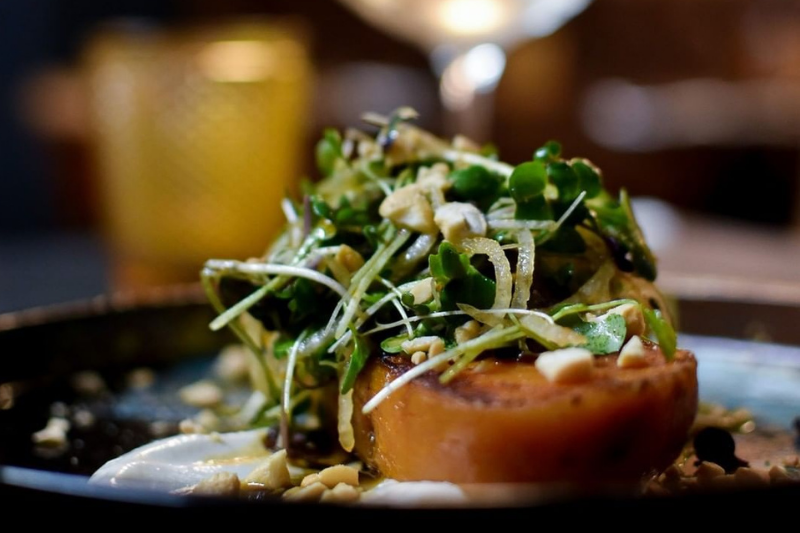 Pan roasted kumara paired with cashews and chilli & lime salad at Vault 21